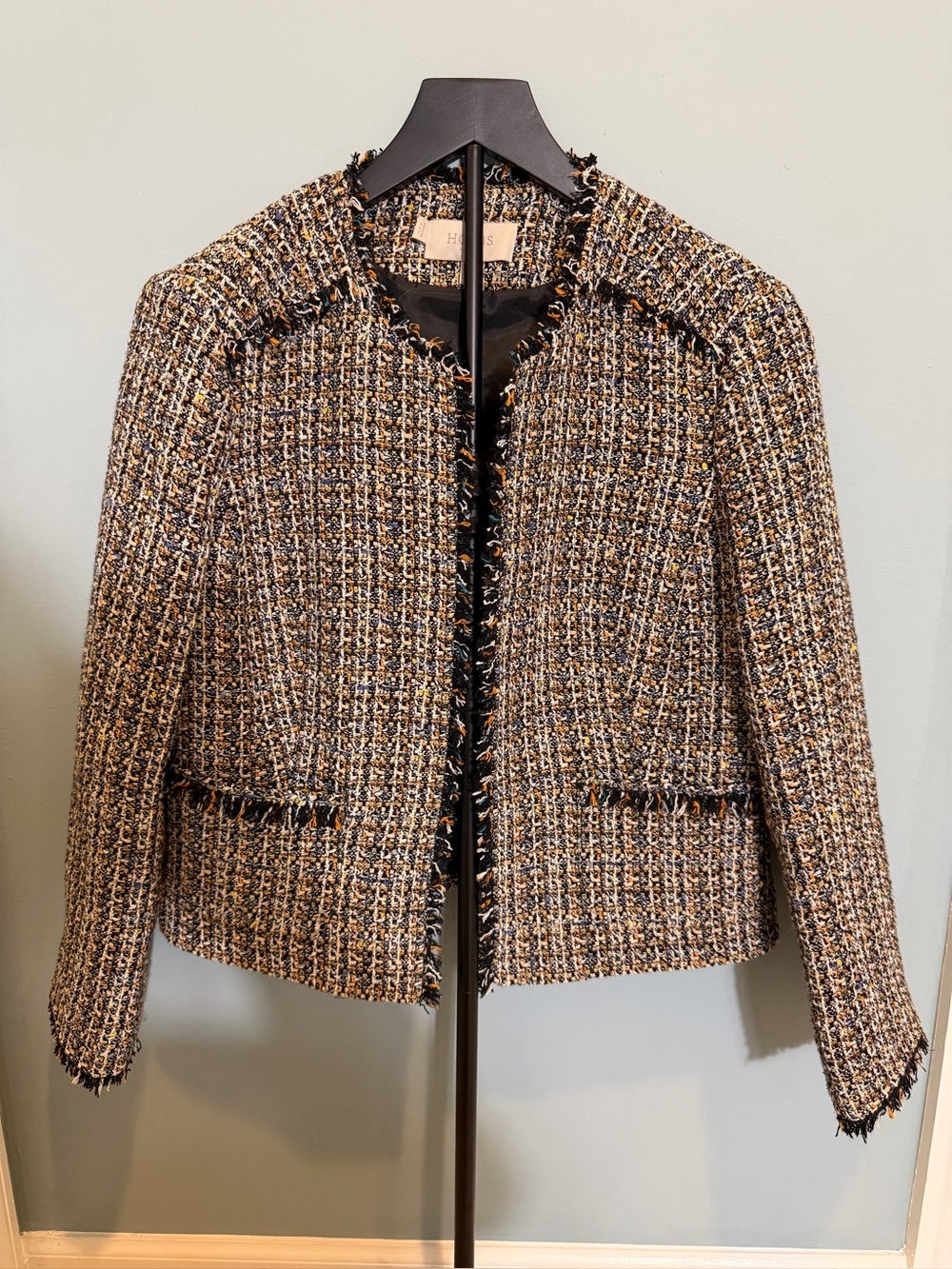 HOBBS Short Open Blazer Tweed Pattern Two Pockets Blue & Brown Colors Size 8